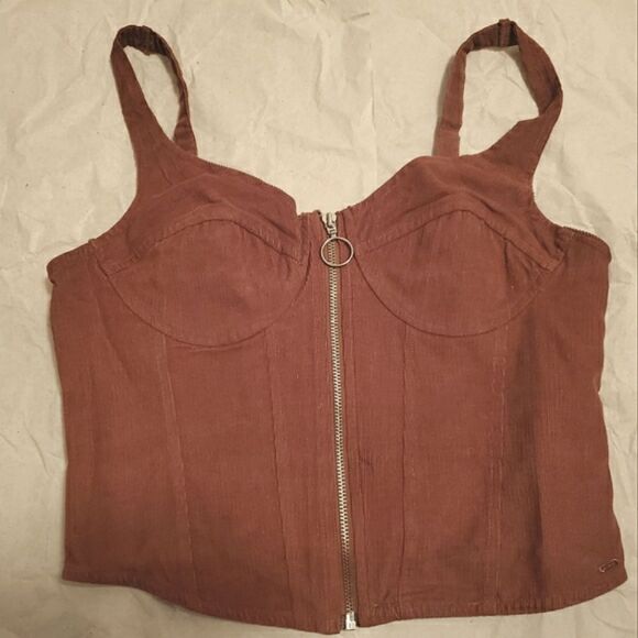 NWOT Guess brown corduroy bustier crop top with front zipper. Stretch. L. Flaw! - Picture 1 of 9